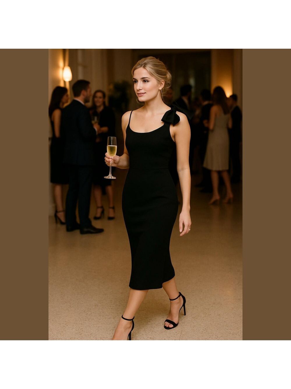 90s EVAN PICONE BLACK BODYCON W CHIFFON BOW STRAP DETAIL MIDI DRESS 12